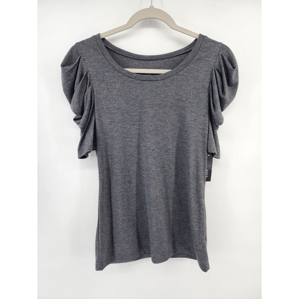 a.n.a‎ A New Approach Gray Ruched Puff Short Sleeve Scoop Neck Tee Top
